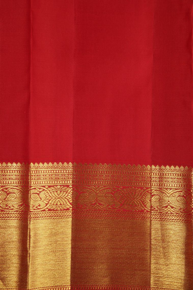 Rose  Red Kanchipuram Silk Sarees with Gold Zari Peacock Motifs view 3