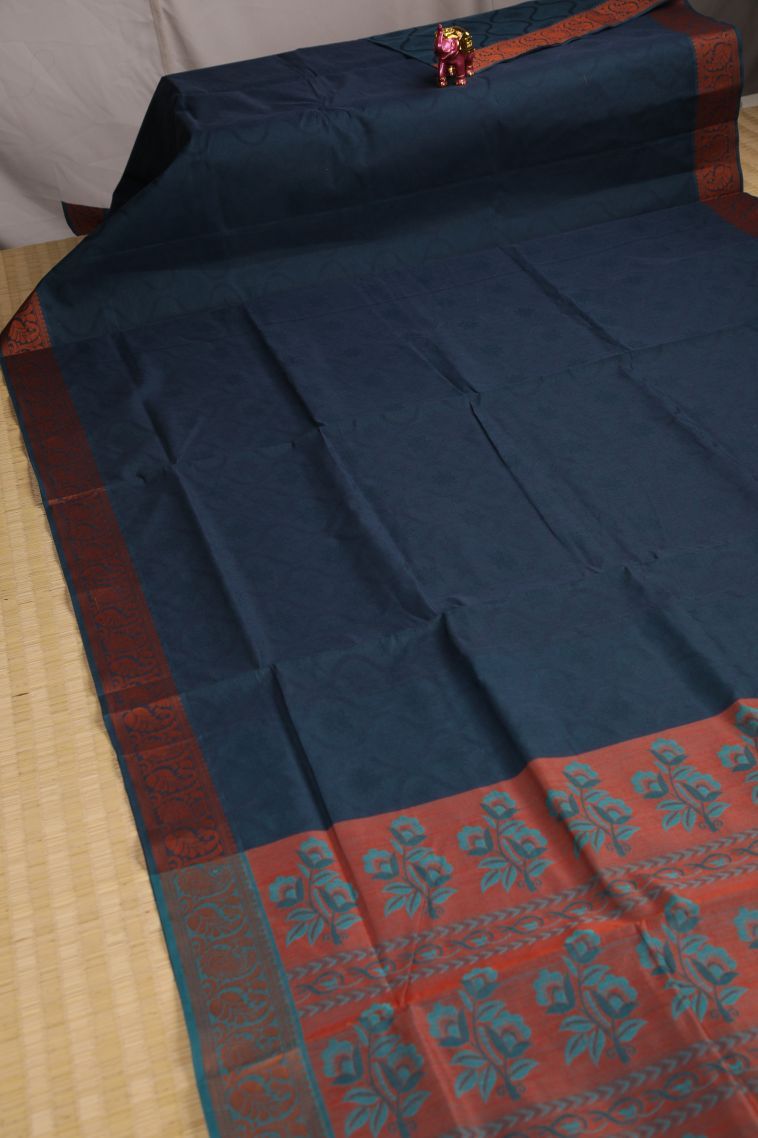 Aegean Blue Kovai Cotton Sarees with Without Zari Zari Floral Patterns view 2