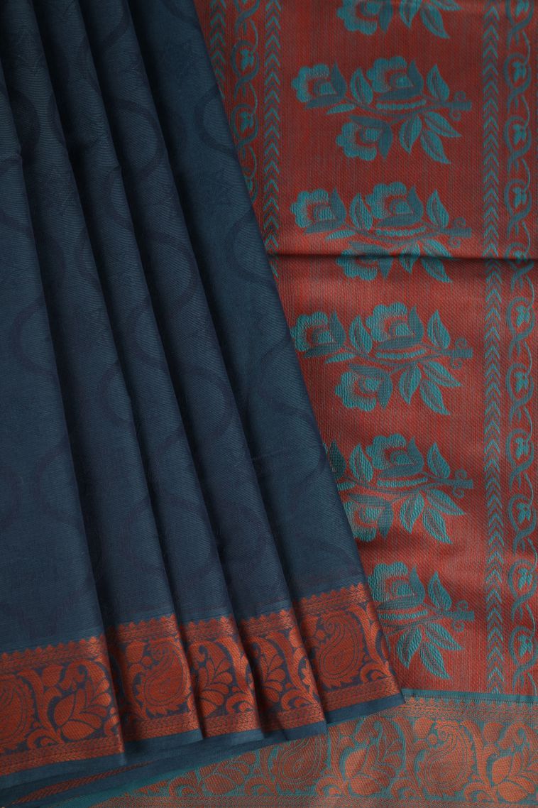 Aegean Blue Kovai Cotton Sarees with Without Zari Zari Floral Patterns view 1