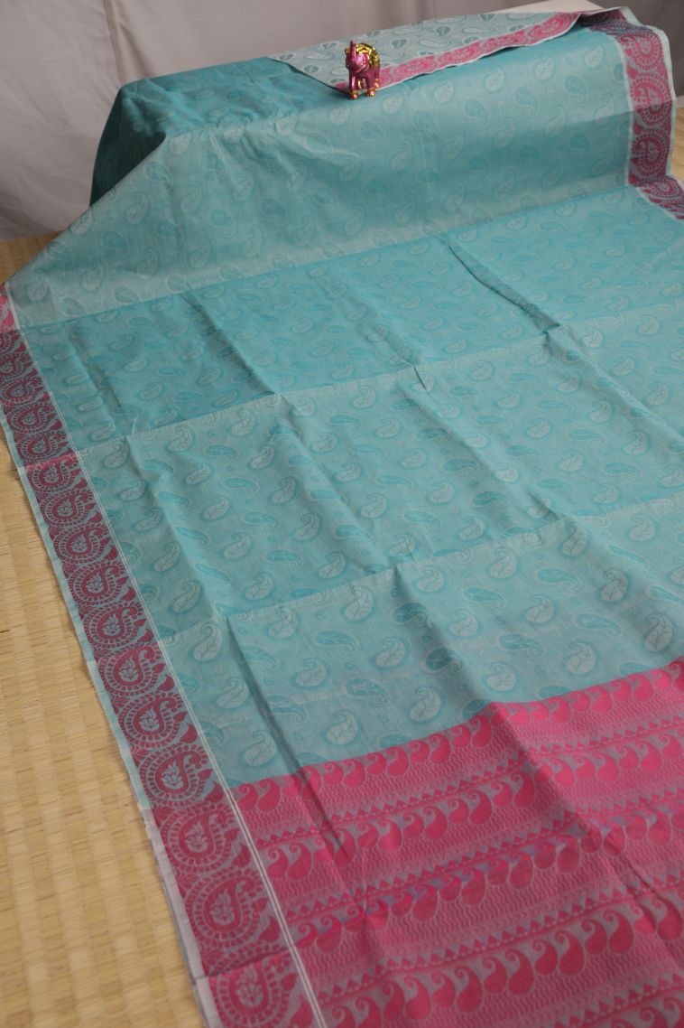 Sky Blue Kovai Cotton Sarees with Without Zari Zari Manga view 2