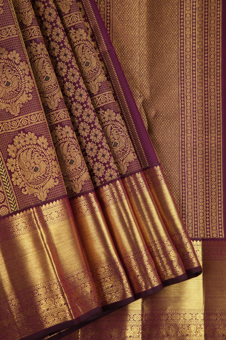 Bosenberry Purple Kanchipuram Silk Sarees with Gold Zari Peacock Motifs view 1