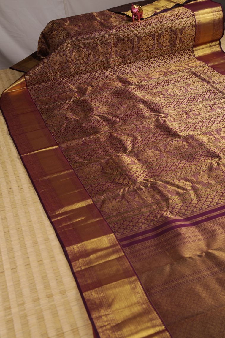 Bosenberry Purple Kanchipuram Silk Sarees with Gold Zari Peacock Motifs view 2