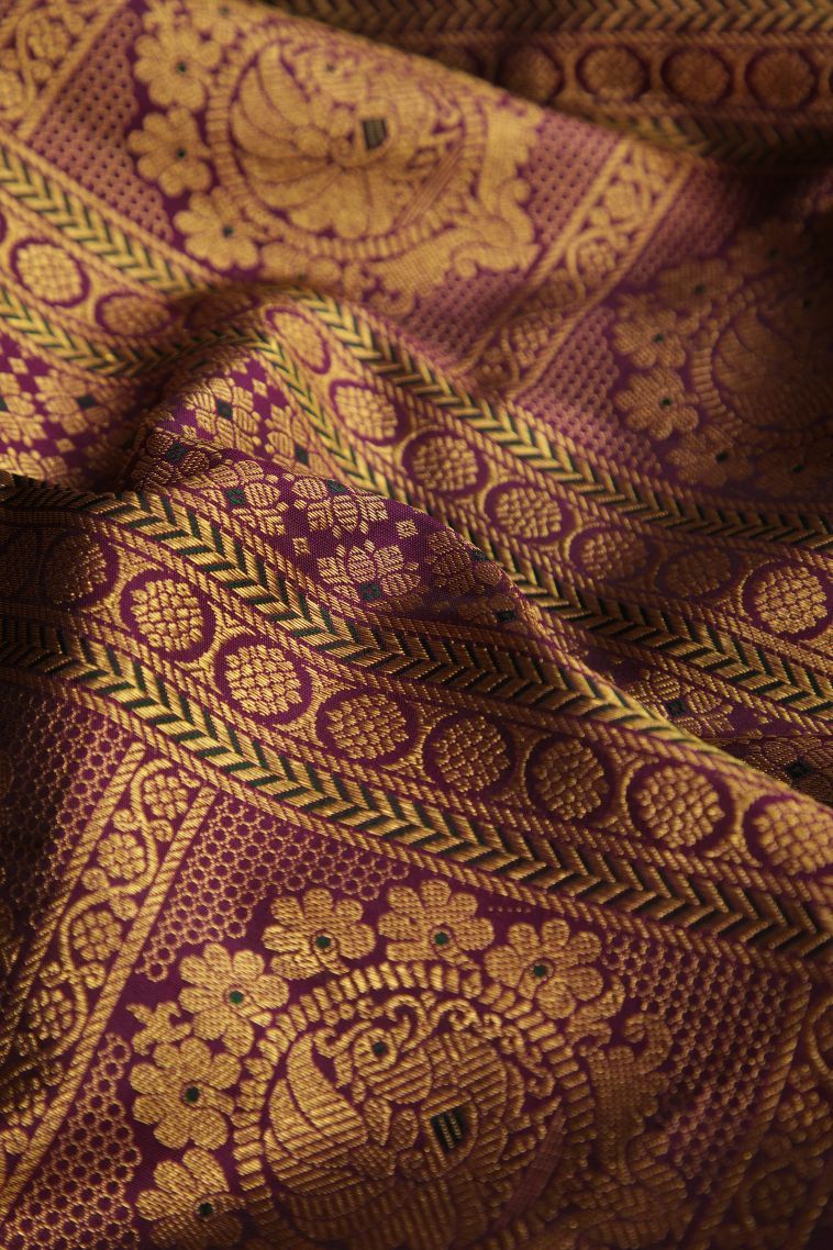 Bosenberry Purple Kanchipuram Silk Sarees with Gold Zari Peacock Motifs view 4