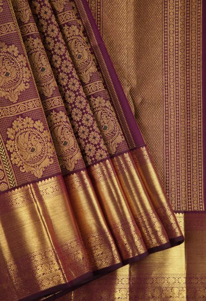 Bosenberry Purple Kanchipuram Silk Sarees with Gold Zari Peacock Motifs