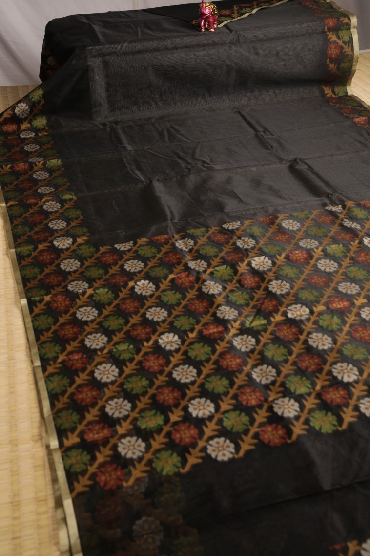 Asphalt Black Organza Saree with Gold Zari Floral Patterns view 2