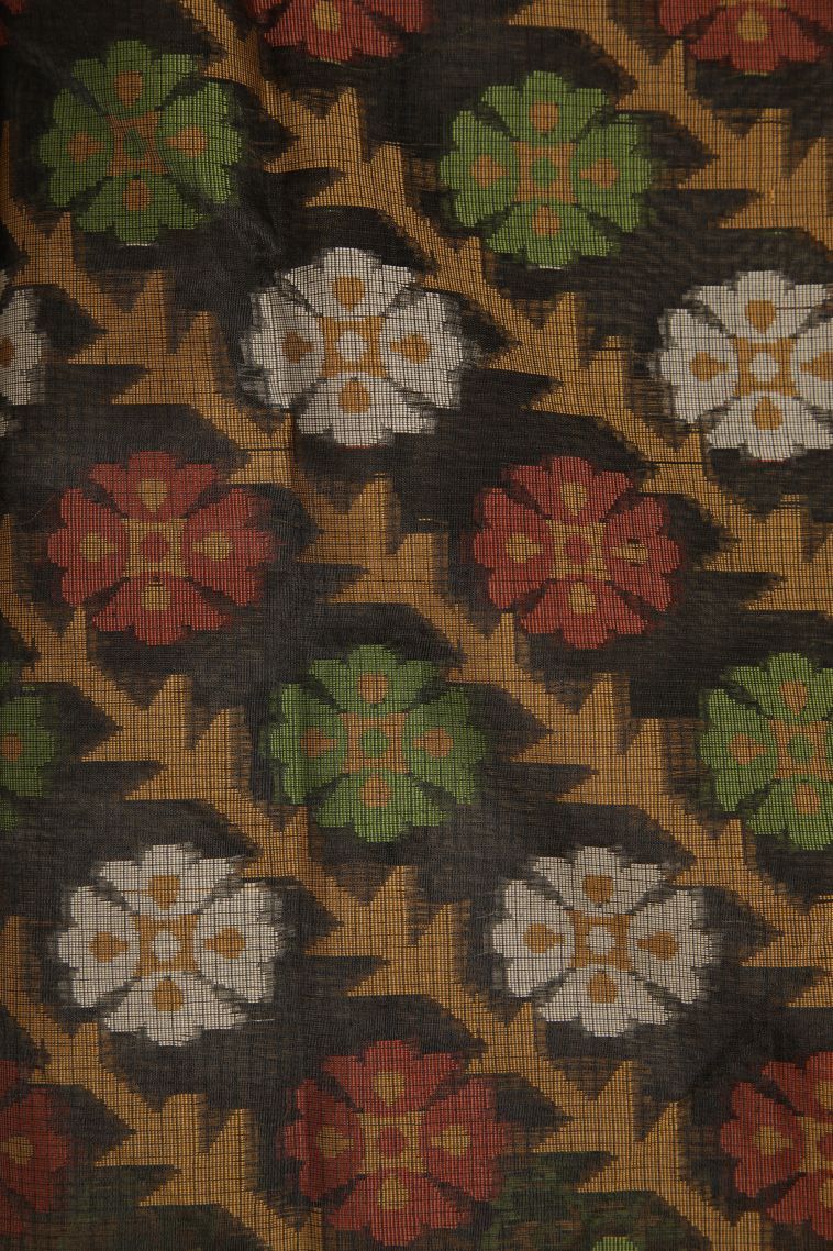 Asphalt Black Organza Saree with Gold Zari Floral Patterns view 3