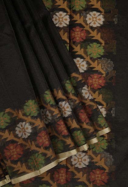 Asphalt Black Organza Saree with Gold Zari Floral Patterns
