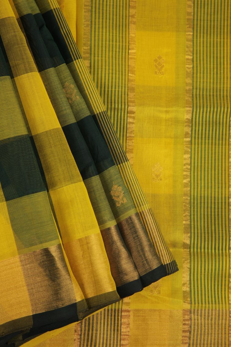 Lemon Yellow Silk Cotton with Copper Zari Checks view 1