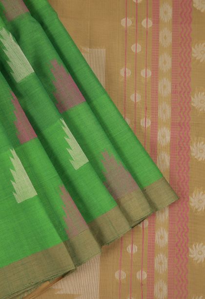 Forest Green Pure Handloom Kovai Cotton with Gold Zari Geometric Shapes