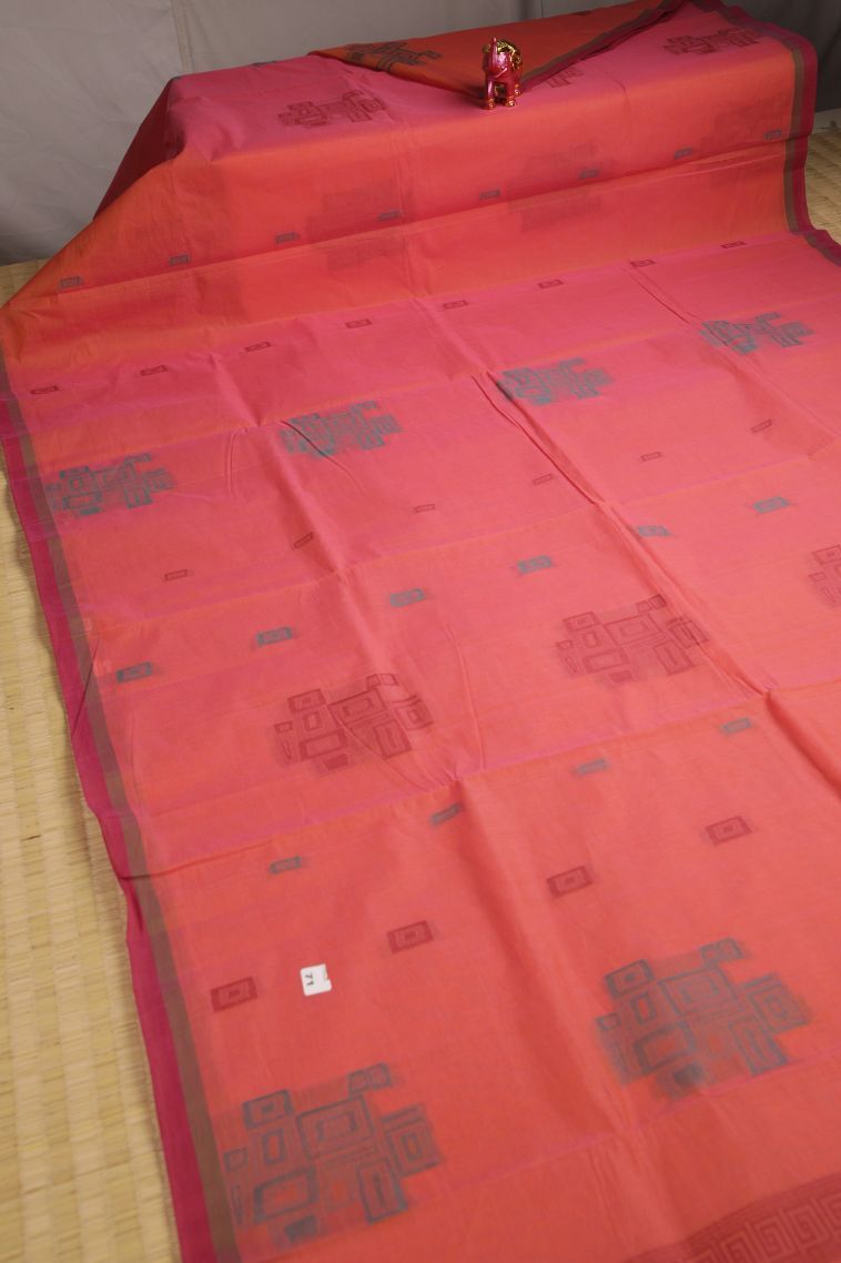 Dawn Red Pure Handloom Kovai Cotton with Without Zari Zari Geometric Shapes view 2