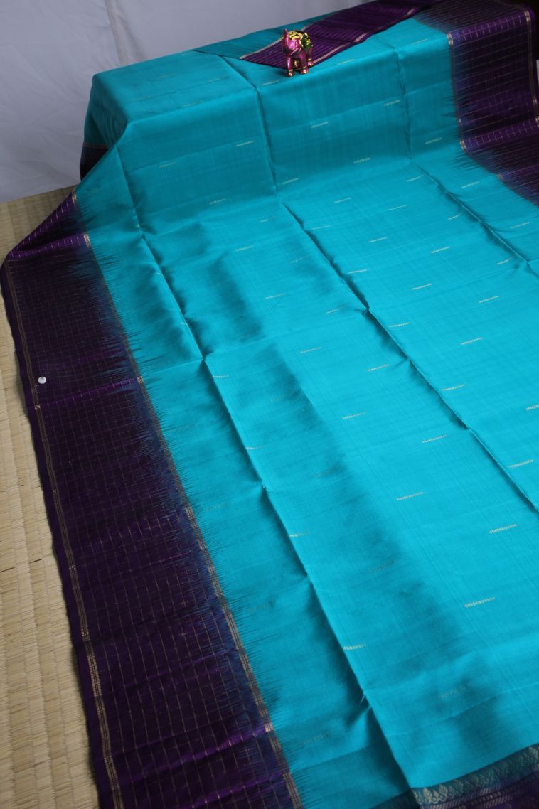 Teal Blue Soft Silk Saree with Gold Zari Buttis (small Dots Or Motifs) view 2