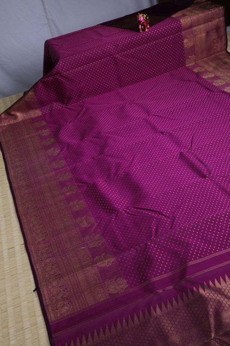 Magenta Purple Kanchipuram Silk Sarees with Gold Zari Buttis (small Dots Or Motifs) view 2