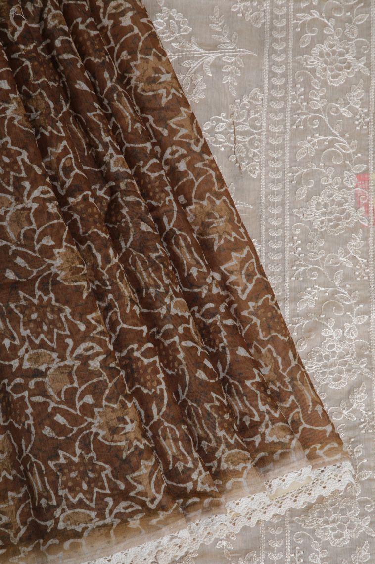 Peanut Brown Fancy Saree with Without Zari Zari Floral Patterns view 1