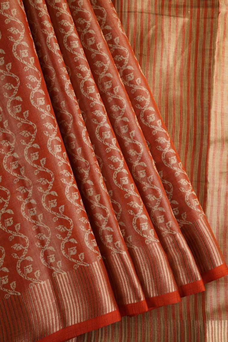 Candy Orange Semi Raw Silk Printed with Gold Zari Floral Patterns view 1