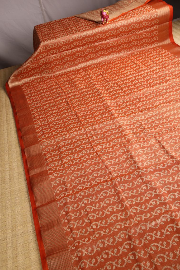 Candy Orange Semi Raw Silk Printed with Gold Zari Floral Patterns view 2