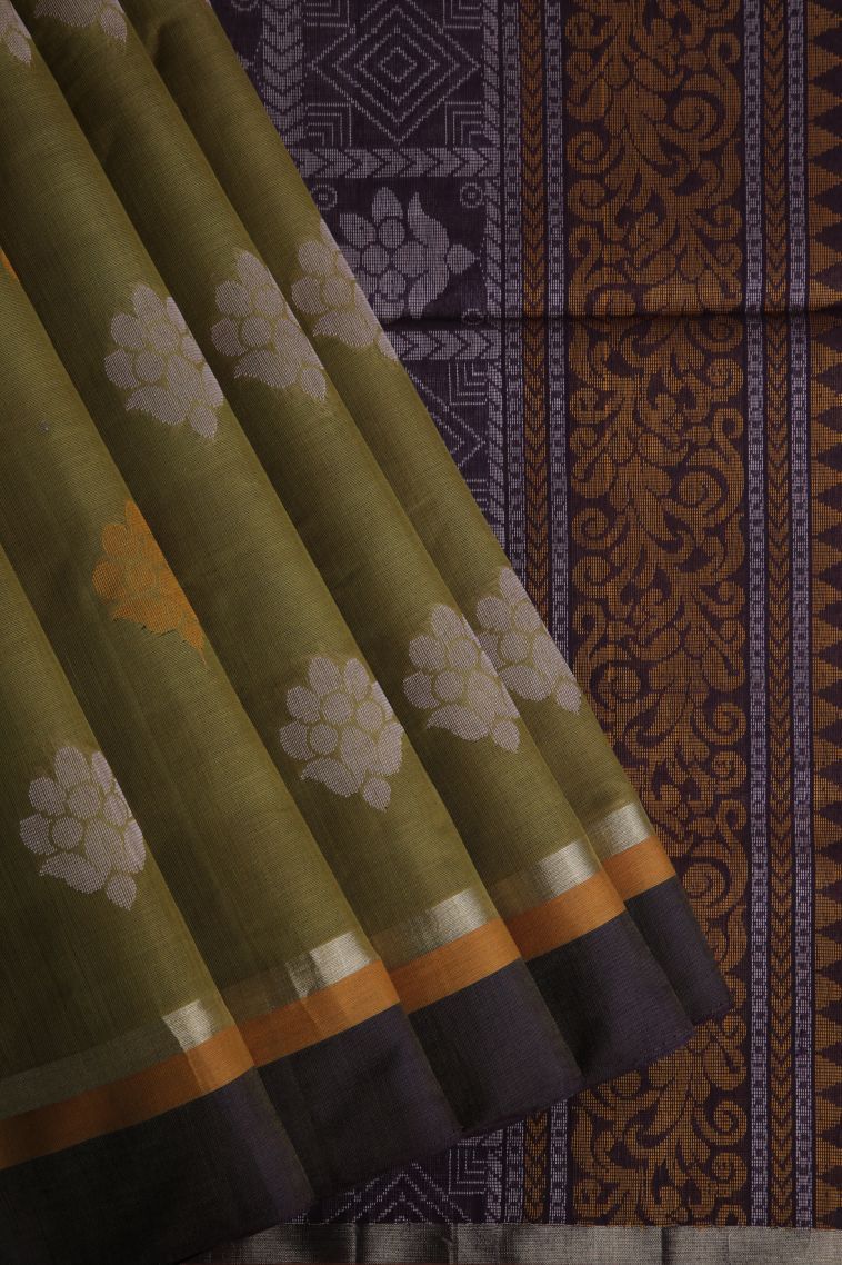 Pickle Green Pure Handloom Kovai Cotton with Without Zari Zari Floral Patterns view 1
