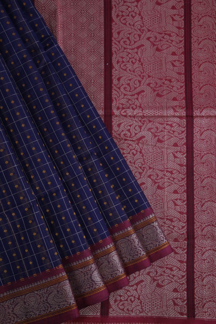 Indigo Blue Pure Handloom Kovai Cotton with Without Zari Zari Geometric Shapes view 1