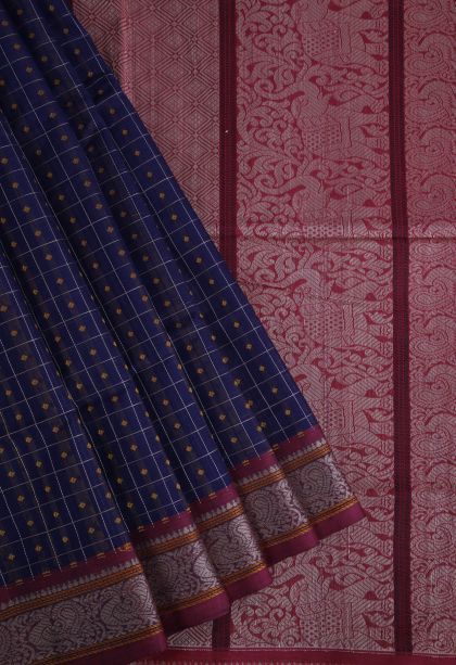 Indigo Blue Pure Handloom Kovai Cotton with Without Zari Zari Geometric Shapes