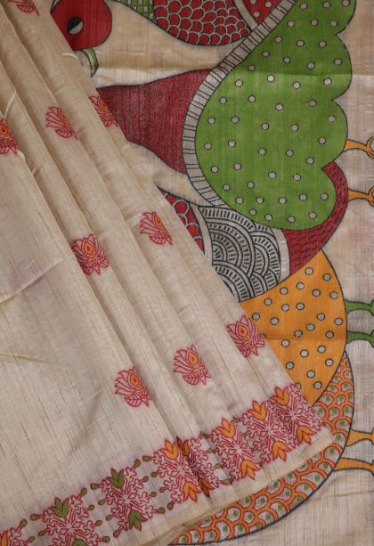 Cream White Tussar Saree with Without Zari Zari Floral Patterns