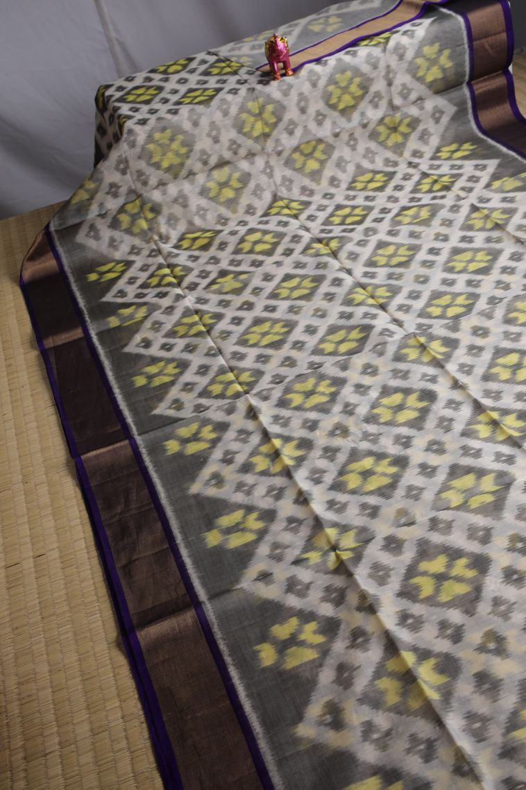 Parchment White Pochampalli Saree with Without Zari Zari Floral Patterns view 2