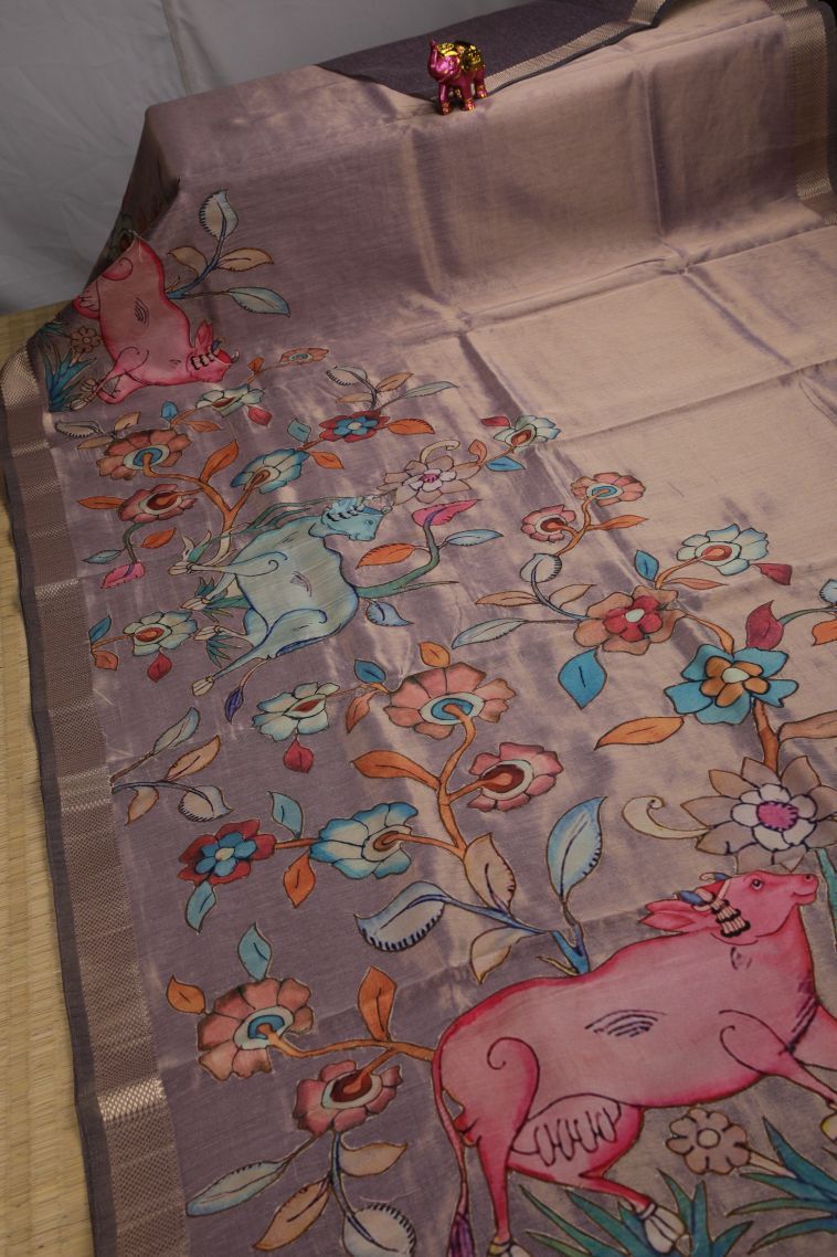 Hickory Brown Fancy Saree with Gold Zari Floral Patterns view 2