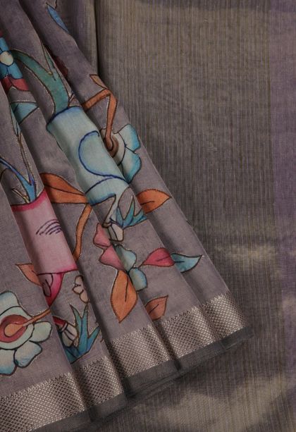 Hickory Brown Fancy Saree with Gold Zari Floral Patterns