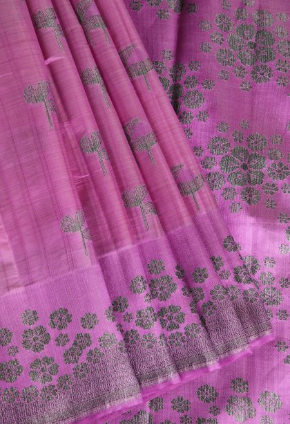 Taffy Pink Raw Silk Sarees with Without Zari Zari Floral Patterns