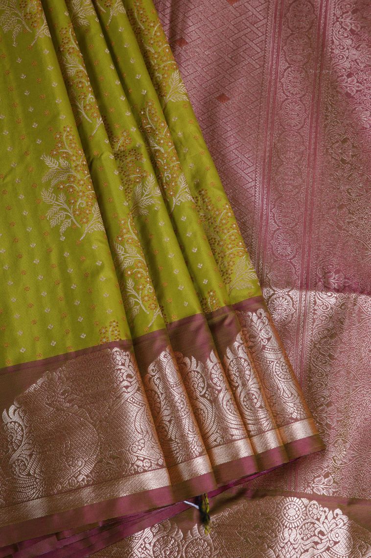 Basil Green Apoorva Silk Sarees with Gold Zari Floral Patterns view 1