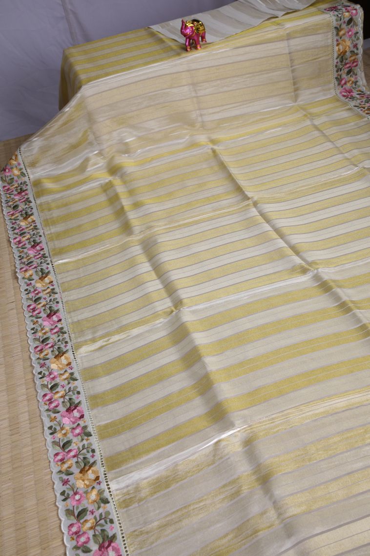 Oat Yellow Tussar Saree with Silver Zari Stripes view 2
