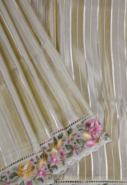 Oat Yellow Tussar Saree with Silver Zari Stripes