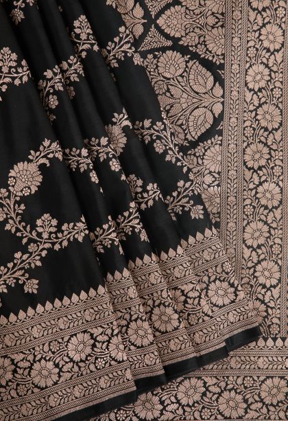 Onyx Black Banaras Sarees with Gold Zari Floral Patterns