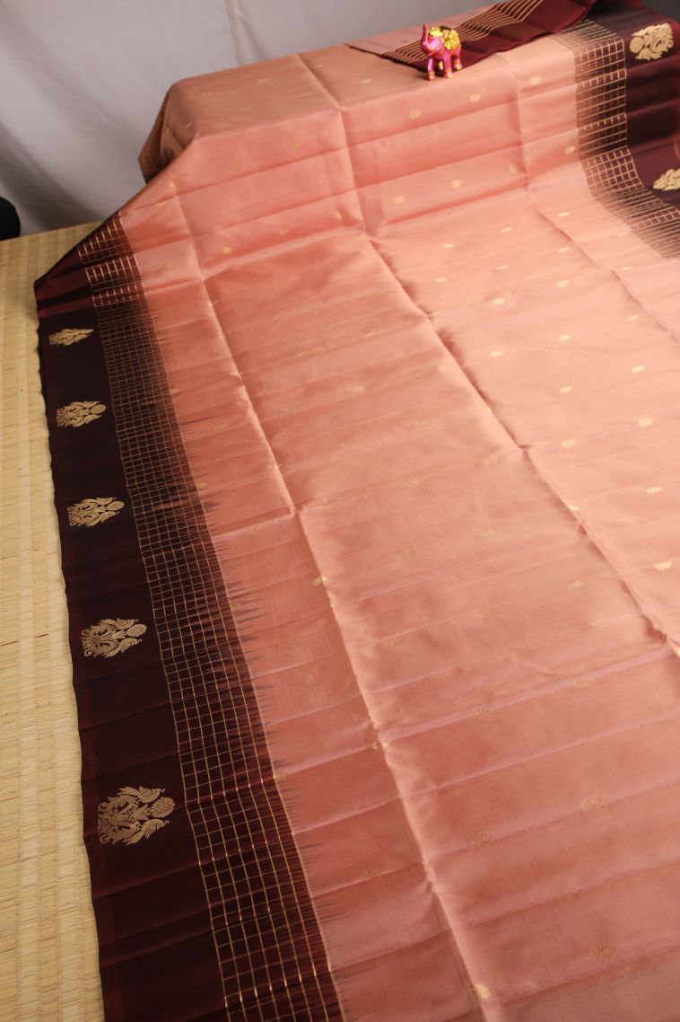 Flamingo Pink Soft Silk Saree with Gold Zari Buttis (small Dots Or Motifs) view 2