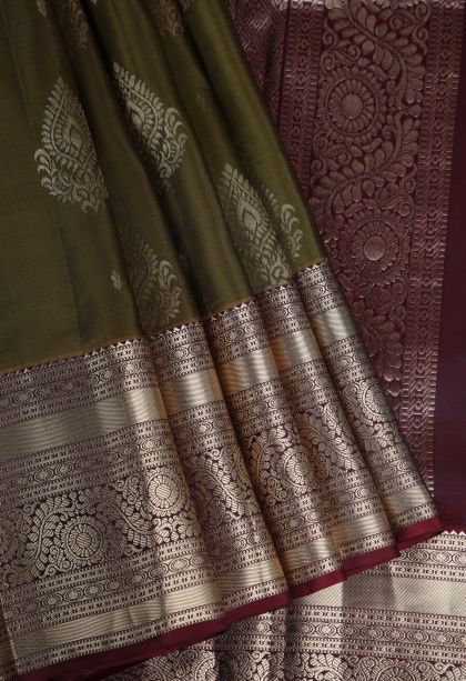 Juniper Green Soft Silk Saree with Gold Zari Floral Patterns
