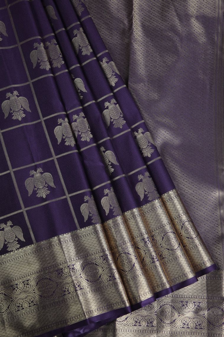 Grape Purple Apoorva Silk Sarees with Gold Zari Animal And Bird Motifs view 1
