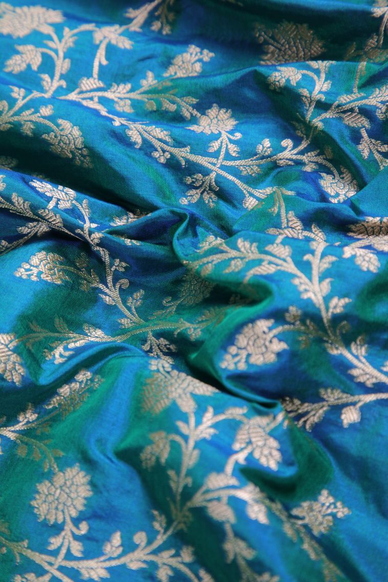 Cerulean Blue Banaras Silk Saree with Gold Zari Floral Patterns view 4