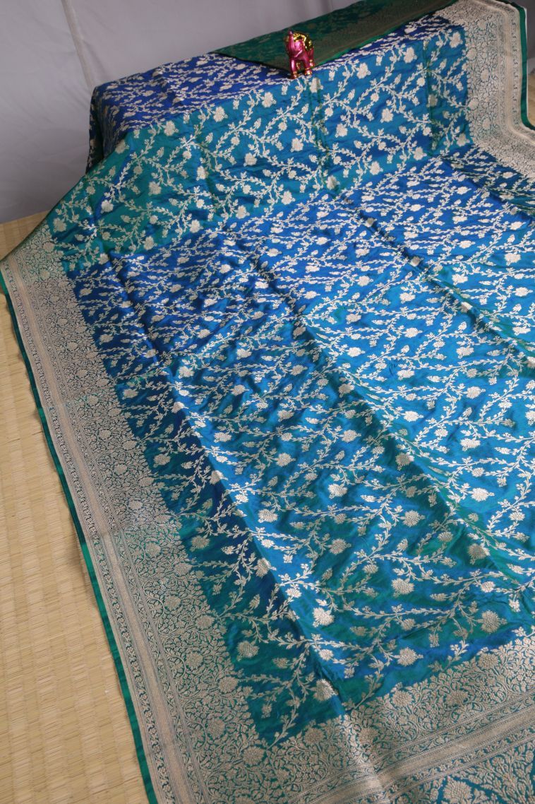 Cerulean Blue Banaras Silk Saree with Gold Zari Floral Patterns view 2