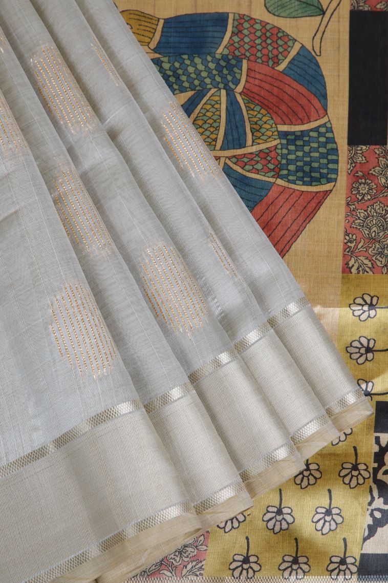 Oyster Yellow Tussar Saree with Gold Zari Geometric Shapes view 1