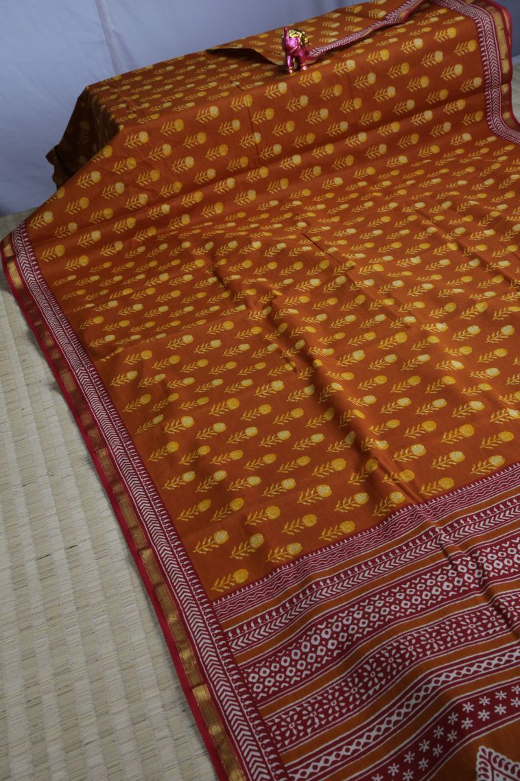 Sandstone Orange Chanderi Cotton Sarees with Without Zari Zari Floral Patterns view 2