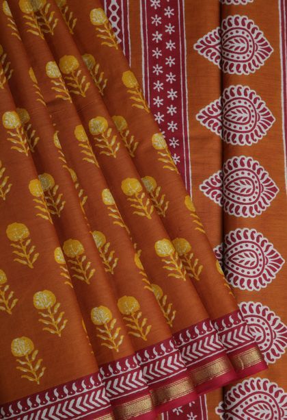 Sandstone Orange Chanderi Cotton Sarees with Without Zari Zari Floral Patterns