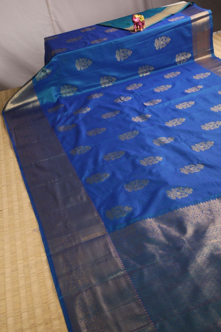 Cobalt Blue Apoorva Silk Sarees with Gold Zari Floral Patterns view 2
