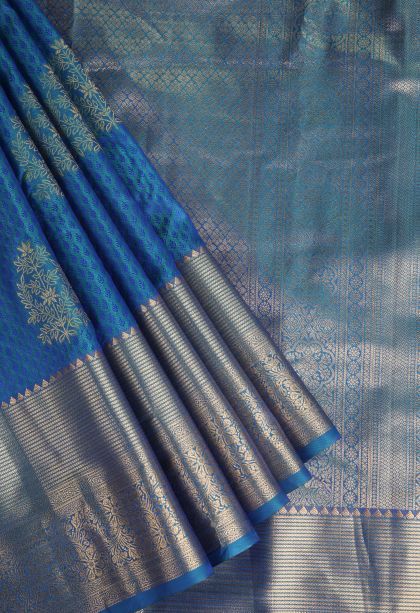 Cobalt Blue Apoorva Silk Sarees with Gold Zari Floral Patterns