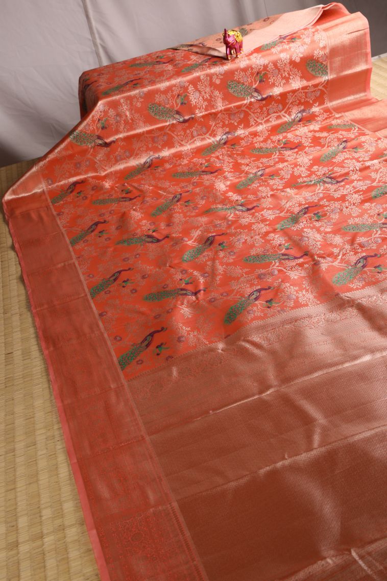 Tiger Orange Tissue Silk Sarees with Gold Zari Peacock Motifs view 2