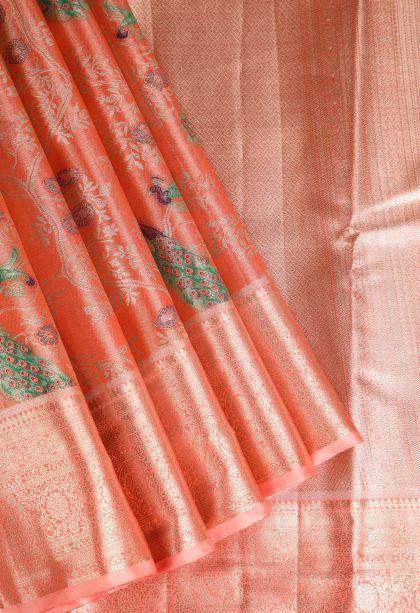 Tiger Orange Tissue Silk Sarees with Gold Zari Peacock Motifs