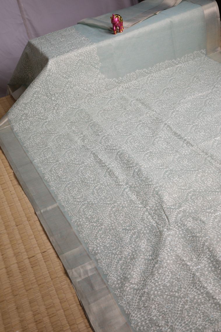 Slate Blue Organza Saree with Gold Zari Floral Patterns view 2