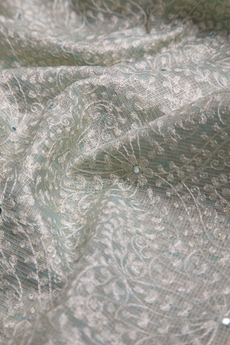 Slate Blue Organza Saree with Gold Zari Floral Patterns view 4