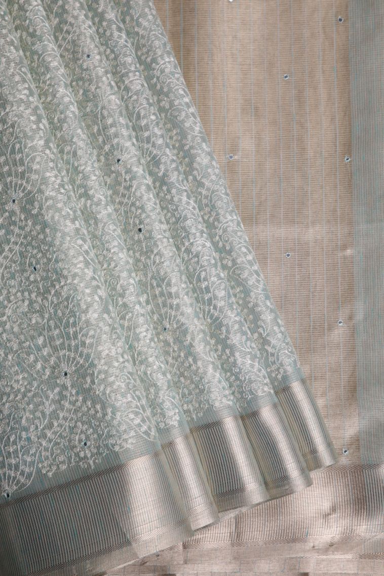 Slate Blue Organza Saree with Gold Zari Floral Patterns view 1