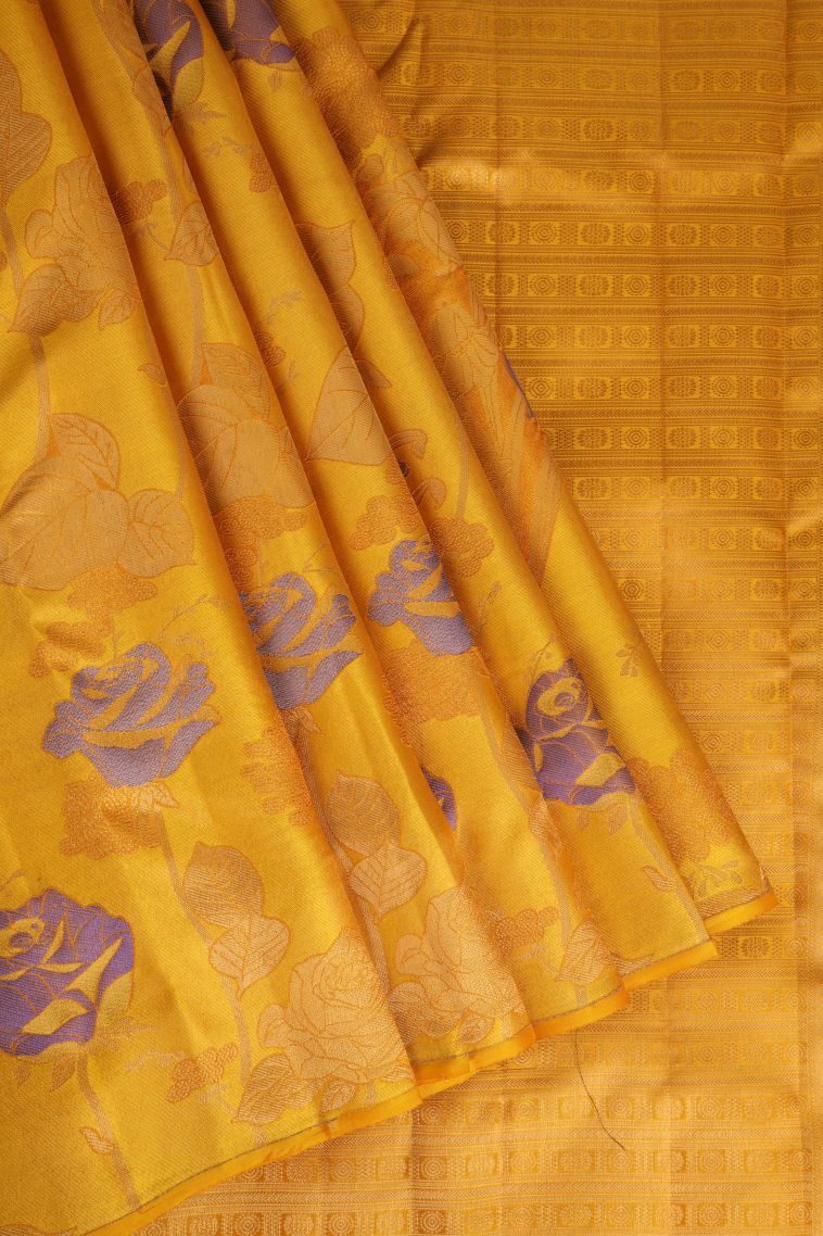 Merigold Orange Silk Sarees with Gold Zari Floral Patterns view 1