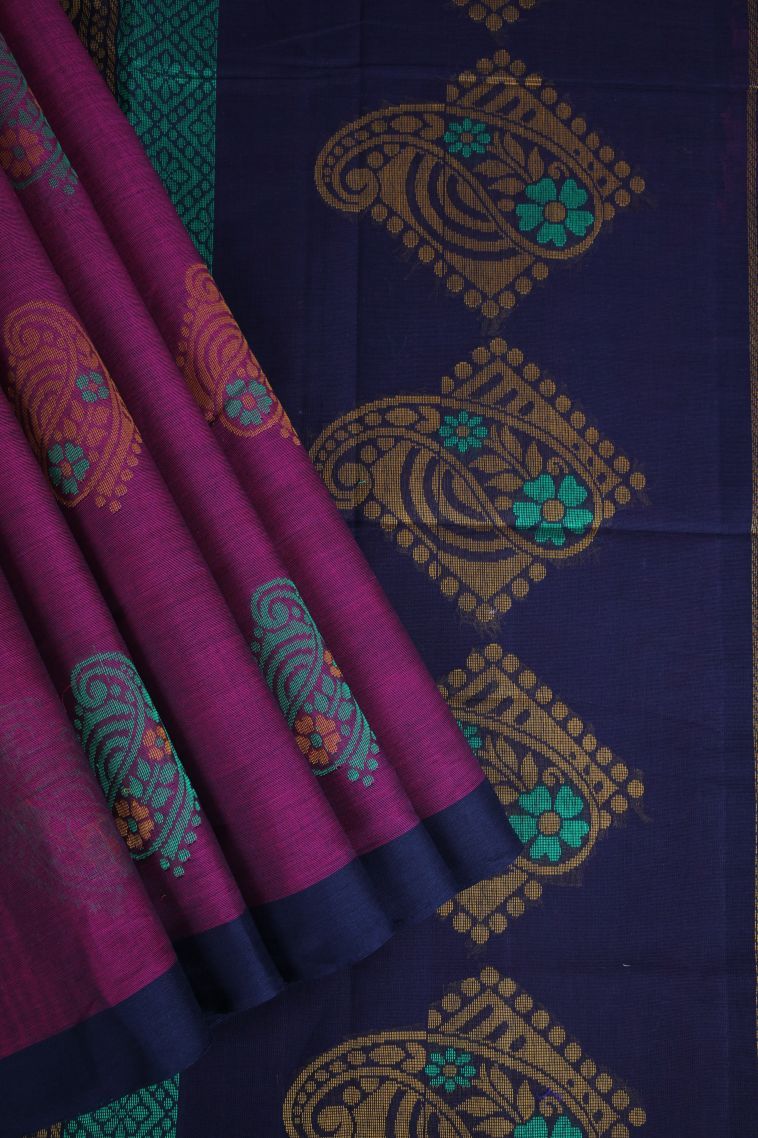 Magenta  Pink Pure Handloom Kovai Cotton with Without Zari Zari Floral Patterns view 1