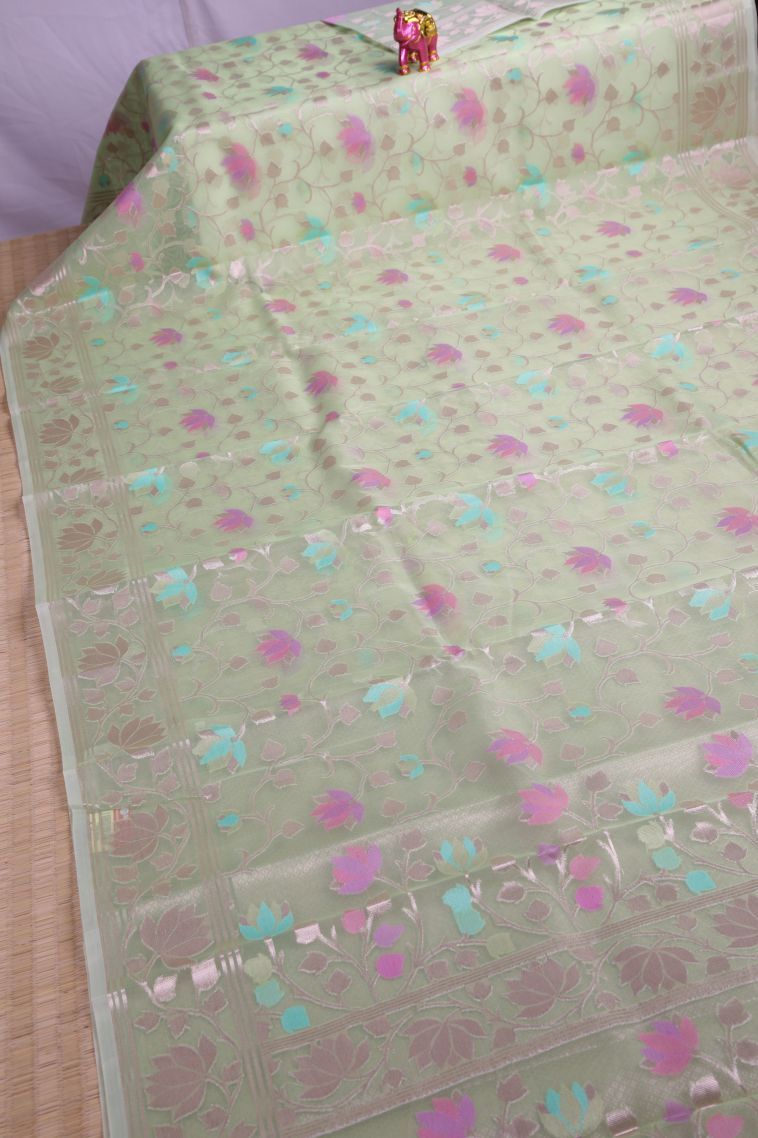 Pistachio Green Organza Saree with Copper Zari Floral Patterns view 2