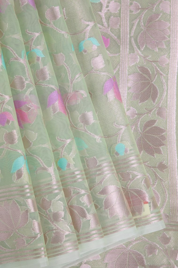 Pistachio Green Organza Saree with Copper Zari Floral Patterns view 1